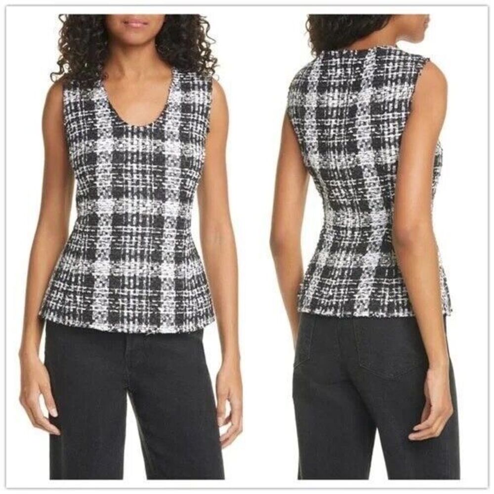 THEORY Sculpt U Shell Plaid Tweed Tank Top Black White Size P Petite Small Plaid
